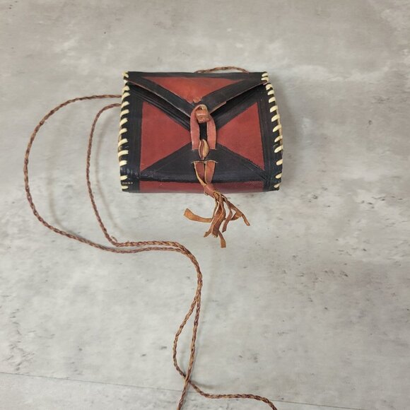 Handmade Leather Bag African Tribal Mini Crossbody Purse Tassel Braided - Picture 1 of 11